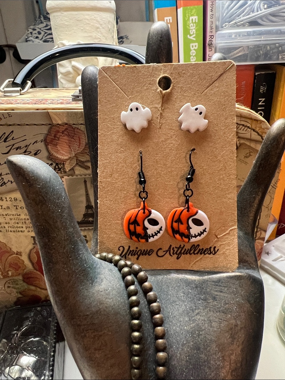 Polymer clay  handmade Halloween Pumpkin Skull Earrings with White Ghost